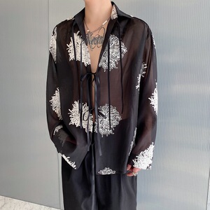 春夏新款欧根纱绣花翻领系带长袖男女衬衣个性潮流衬衫3566P95图片