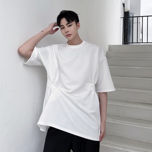 暗黑原创个性褶皱拼接潮流韩版休闲圆领短袖T恤2374-P55图片