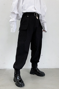 冬季暗黑加绒加厚束脚腰带设计男女长裤潮流发型师裤子2186-1P85图片