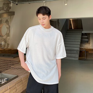 雅痞缝边设计圆领男短袖T恤潮流提花菠萝纹超薄套头衫3631P45图片