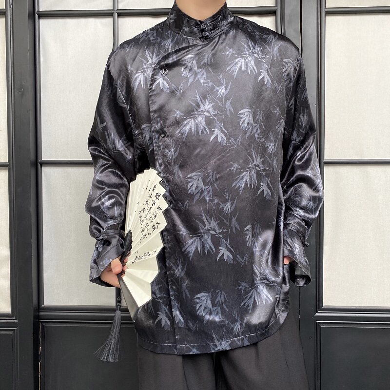 新中式锦缎印花立领盘扣长袖男女衬衣潮流风禅意衬衫3538P95,男装衬衫,电商A246