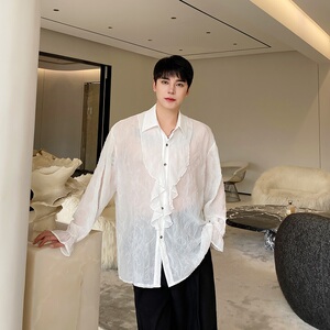 春夏个性压褶花边翻领长袖男女衬衣潮流痞帅薄纱防晒衬衫5235P85图片