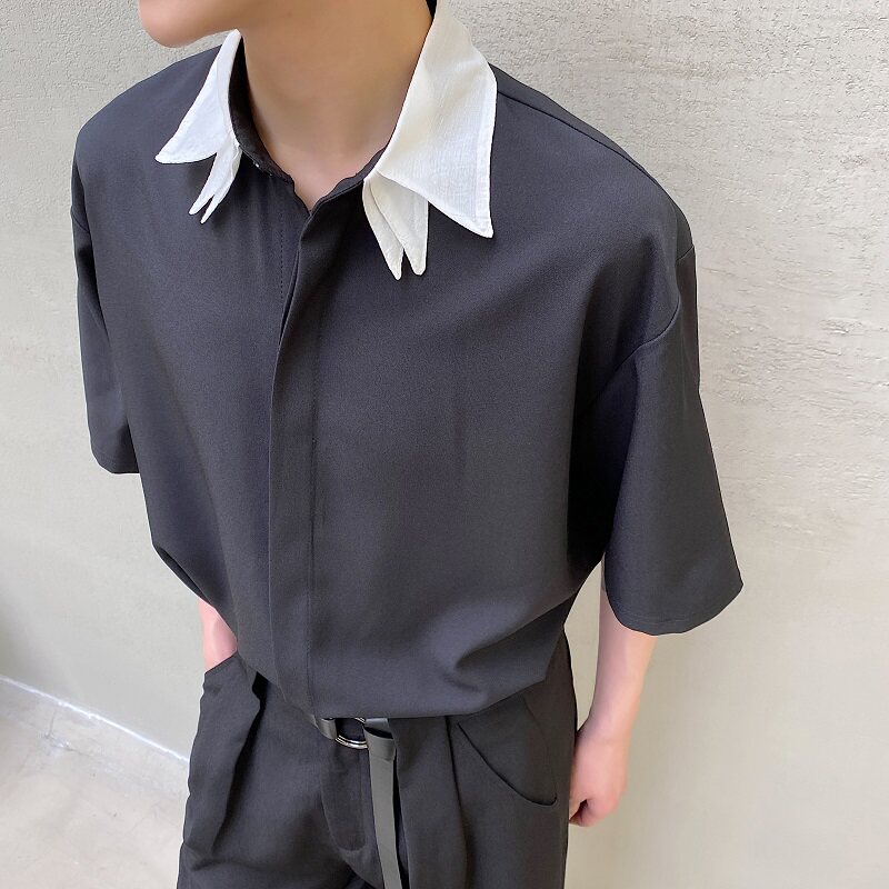 夏季自制个性撞色领短袖男衬衣韩版通勤复古休闲免烫衬衫3612P65图片