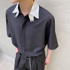 夏季自制个性撞色领短袖男衬衣韩版通勤复古休闲免烫衬衫3612P65图片