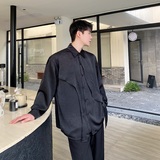 春季不规则飘带设计款翻领长袖男女衬衣复古缎面褶皱衬衫3541P100，男装衬衫，电商A246