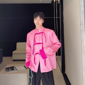 春季新中式撞色设计盘扣立领长袖男女衬衣潮流风衬衫5256P95图片