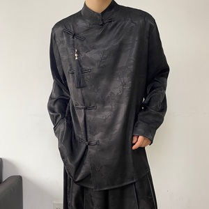 春季新中式锦缎提花盘扣流苏压襟立领长袖男女衬衣风5224P100图片