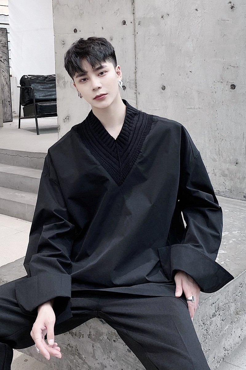 山本暗黑小众定制毛线大V领时髦宽松长袖套头衬衣A261-2316-P65,男装衬衫,电商A246