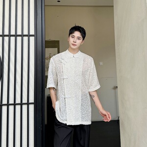 夏季新中式重工艺绣亮片珍珠盘扣立领男女短袖衬衣5262P115图片