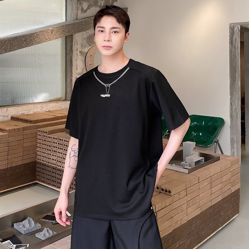 原创金属链条设计针织圆领短袖男T恤时髦简约百搭上衣3627P65,男装T恤,电商A246