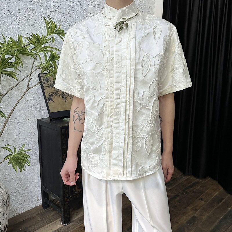 夏季新中式锦缎立体提花盘扣立领短袖男女衬衣风衬衫6815P95,男装衬衫,电商A246