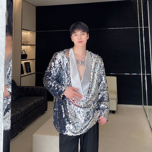 秋冬立体亮片缎面拼接套头V领西服外套潮流舞台演出服5243P175图片