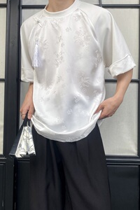夏季新中式缎面提花拼接圆领短袖男女T恤复古风上衣9769P85图片