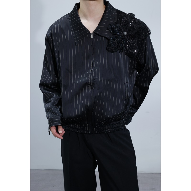 定制珍珠立体可拆卸花朵装饰条纹翻领痞帅百搭夹克外套3588-P145，男装夹克，电商A246