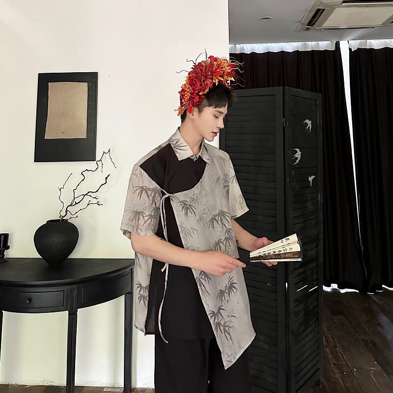 夏季新中式墨竹拼色多片式设计翻领短袖男女衬衣复古风6819P90,男装T恤,电商A246