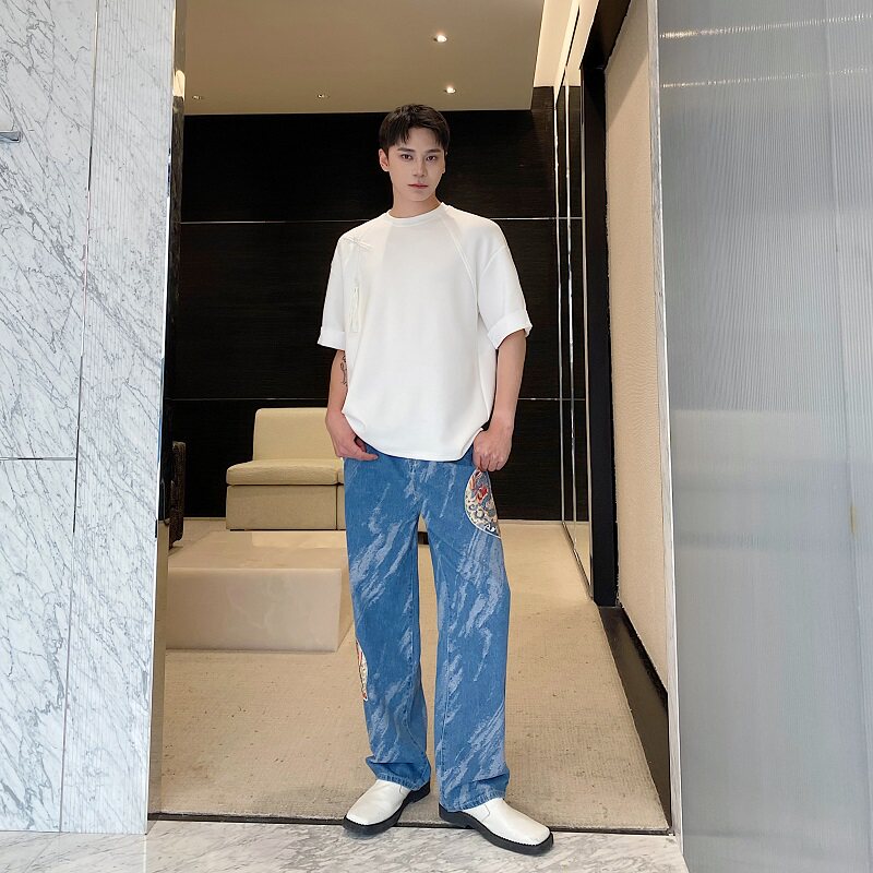 夏季新中式盘扣玉佩流苏设计原领短袖男女T恤复古休闲上衣9772P75,男装T恤,电商A246