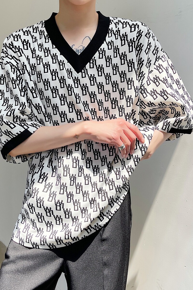 夏季原创个性字母潮流韩版V领休闲宽松时髦短袖T恤2387-P55,男装T恤,电商A246