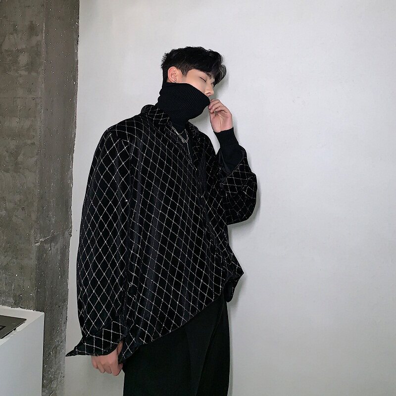 早秋丝绒烫钻几何菱形复古百搭宽松男衬衣A261-2126-P75，男装衬衫，电商A246