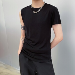 新款个性半边袖设计圆领针织男短袖T恤潮流凹造型搭配3777P60图片