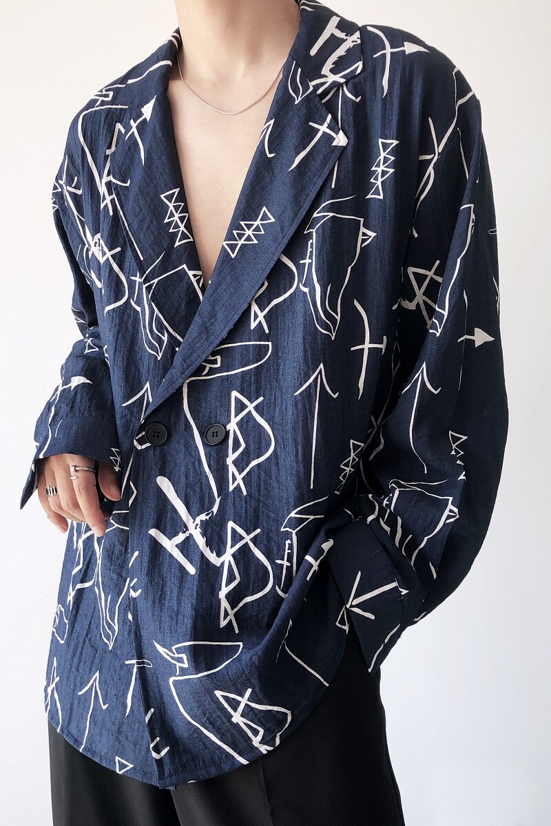 个性原创复古图腾棉麻料西服领长袖男衬衣2405-P75,男装西服,电商A246