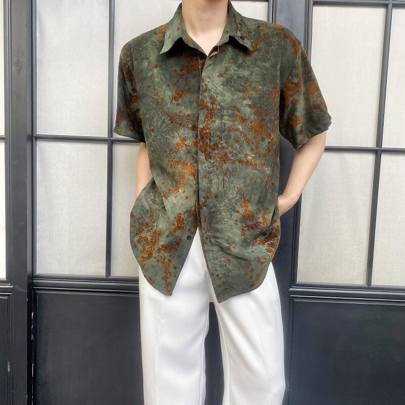 夏季新中式植绒立体提花翻领短袖男女衬衣复古风衬衫9781P85,男装衬衫,电商A246