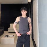 夏季个性绑带设计弹力罗纹圆领背心潮流痞帅无袖坎肩上衣5251P55，男装背心/马甲，电商A246