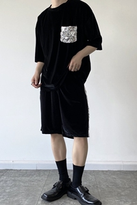 夏季潮流丝绒亮片拼接圆领短袖短裤套装韩版休闲男套装9041P105图片