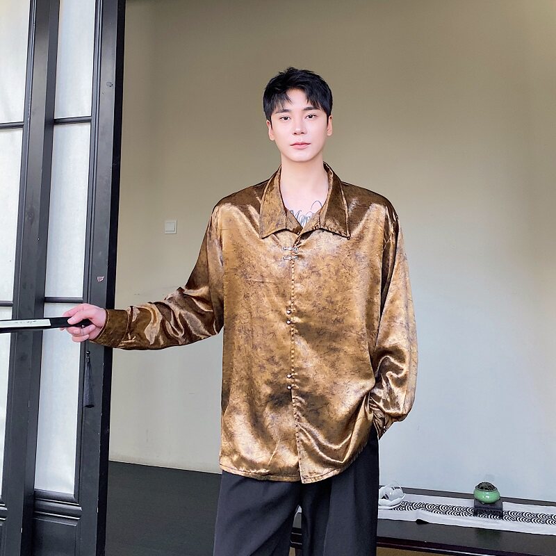 春季新中式缎面立领长袖男女衬衣个性金属盘扣风衬衫2644P105,男装衬衫,电商A246