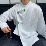 秋季中式斜襟立领长袖男女衬衣复古缎面提花玉喜挂饰衬衫2607P105，男装衬衫，电商A246