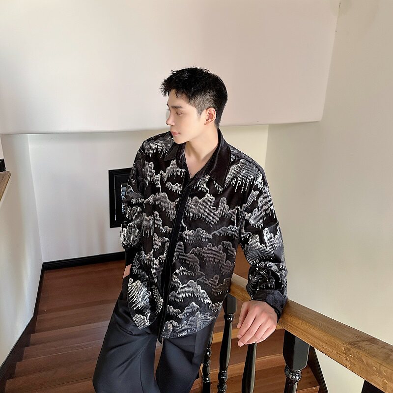 秋冬个性绣亮片丝绒翻领长袖男女复古衬衣时髦休闲衬衫5267P115,男装衬衫,电商A246