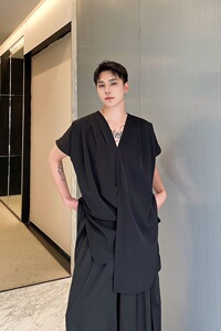 夏季潮流山本暗黑系短袖V领男女套头衬衣个性飘逸时髦衬衫3568P75图片