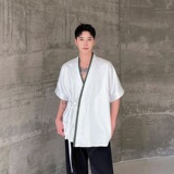 夏季新中式缎面拼色绑带设计短袖男女衬衣复古风禅意5257P85，男装T恤，电商A246