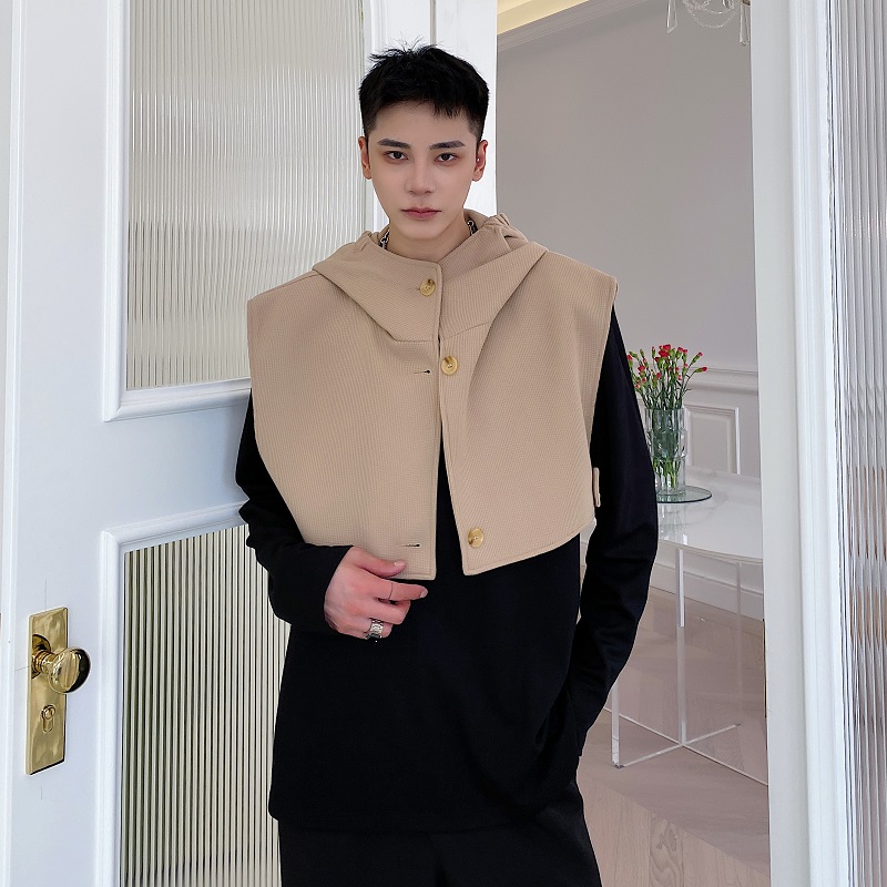 秋季韩版简约风纯色短款男马甲潮流百搭连帽外穿披肩背心3737P70，男装背心/马甲，电商A246