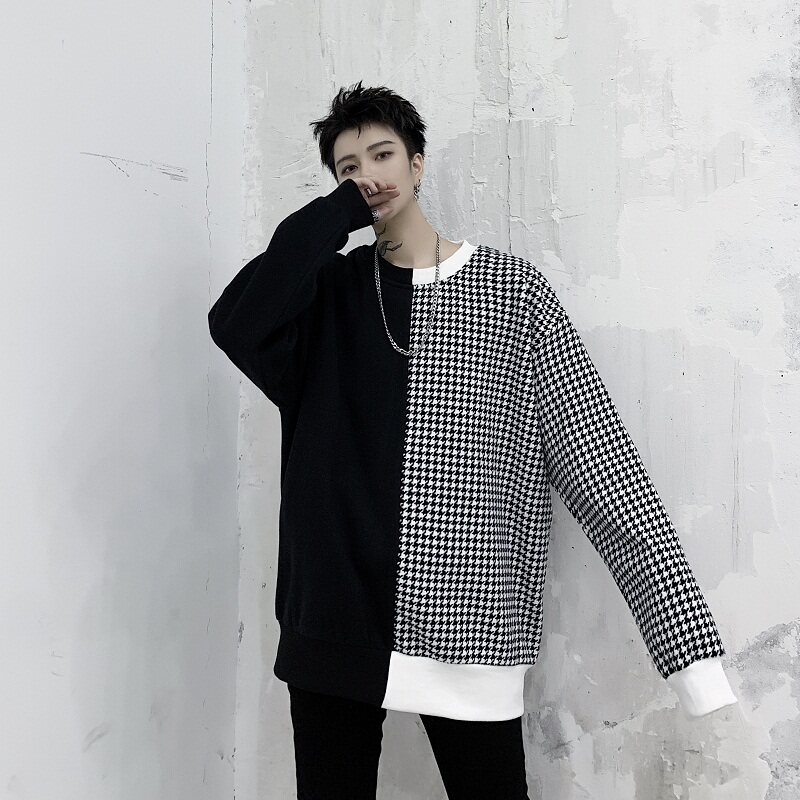 山本暗黑先锋小众原创千鸟格纹拼接圆领卫衣A261-3044-P75，男装卫衣，电商A246