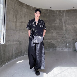 夏季中式禅意墨竹绑带设计男女短袖衬衣风汉服衬衫9775P75图片