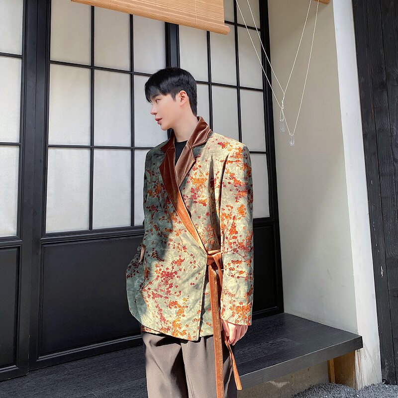 春季中式复古植绒拼色绑带设计垫肩阔型男女西服潮流痞帅2639P145,男装西服,电商A246