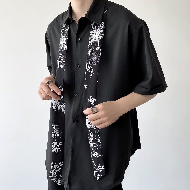 夏季简约气质冷淡风短袖翻领男衬衣复古花卉领带设计半袖2201P65图片