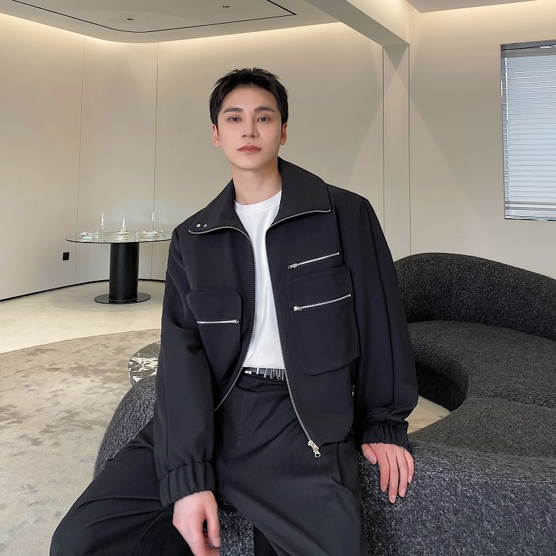 春款宽松口袋设计感翻领拉链夹克男外套黑色上衣A246-3517-P145，男装夹克，电商A246