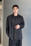 早秋改良中式缎面提花拼接翻领男女长袖衬衣复古雅痞衬衫2579P95，男装衬衫，电商A246
