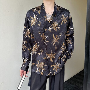 秋复古老钱风肌理纹提花休闲男女长袖衬衣潮流斜襟领衬衫5261P85图片