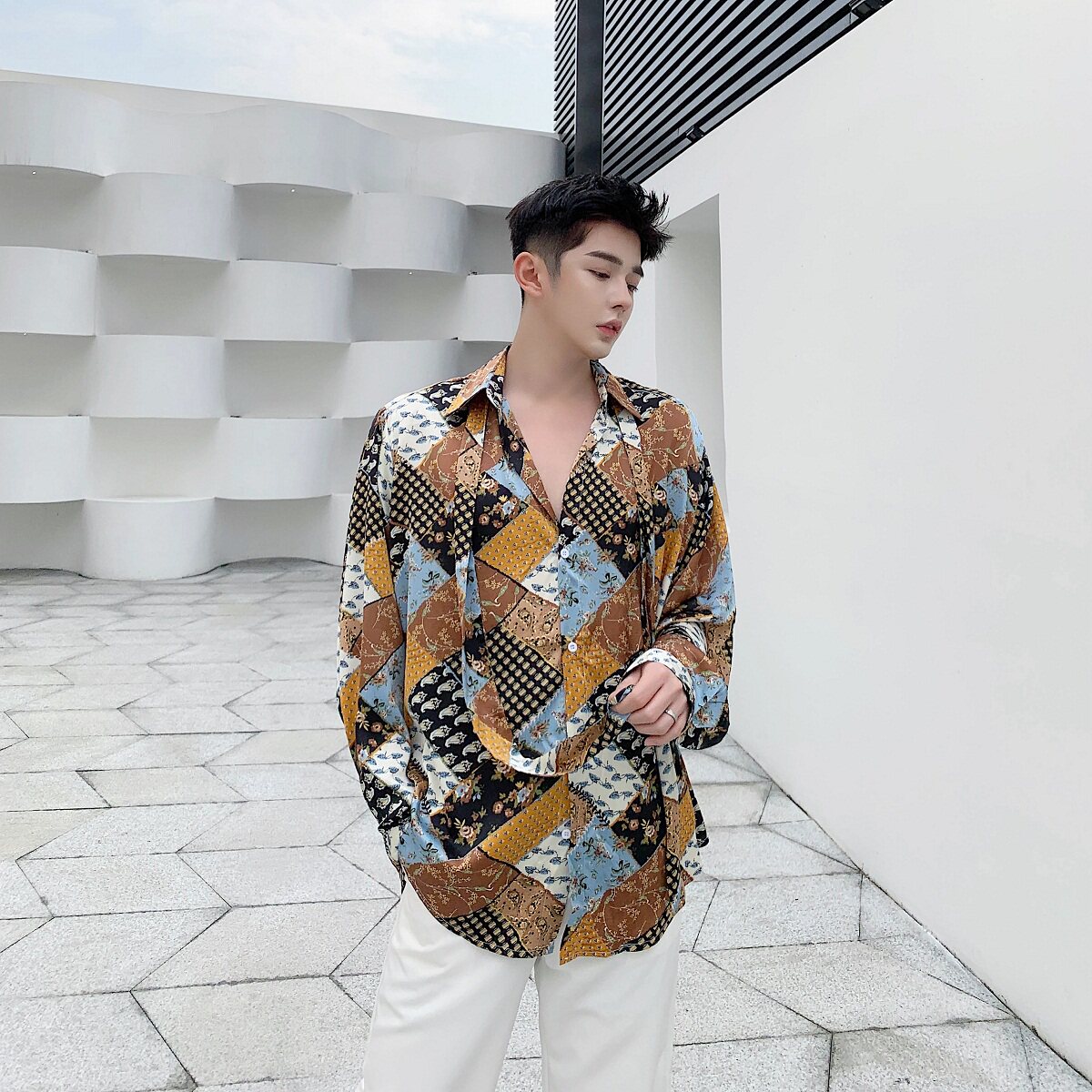 复古印花小众个性气质飘带绸缎宽松长袖衬衣A261-6904-P75，男装衬衫，电商A246