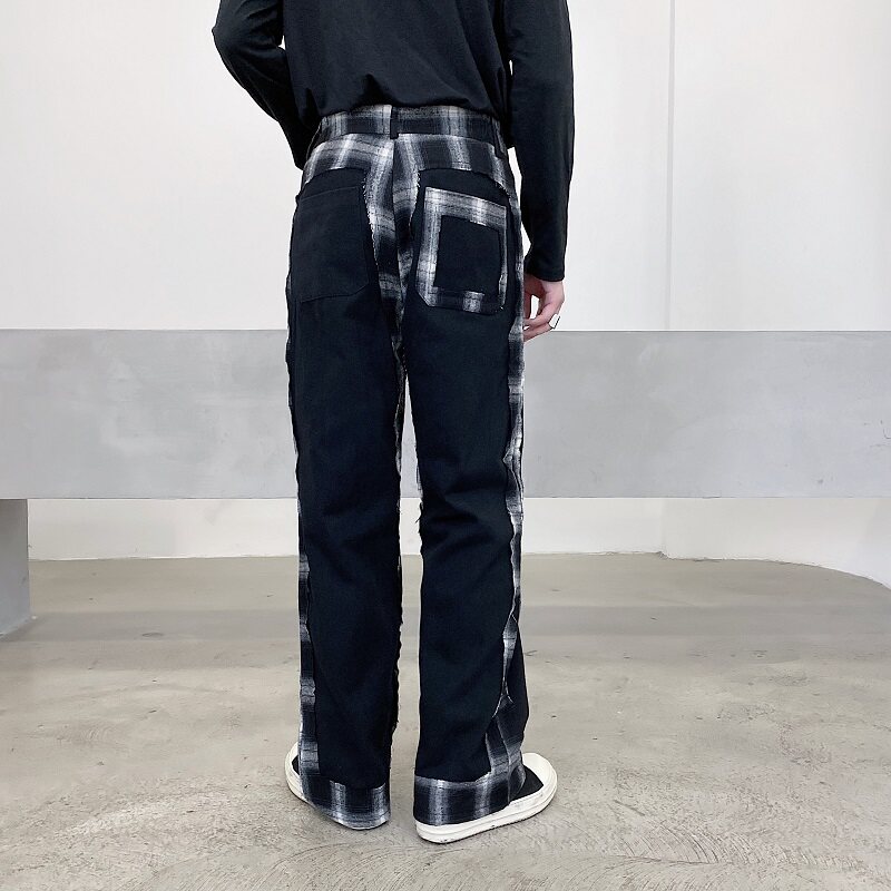 复古格子拼接休闲裤男时尚设计感高腰直筒宽松A246-5018-P105,男装休闲裤,电商A246