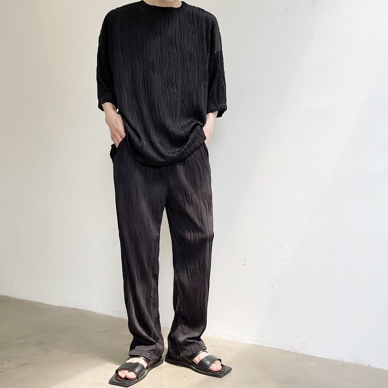 21新款个性原创褶皱浮雕纹理冷淡风潮流休闲宽松阔腿长裤2391-P75图片