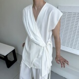夏季复古简约冷淡风飘逸绑带男女无袖衬衣个性双层设计2648P95，男装衬衫，电商A246