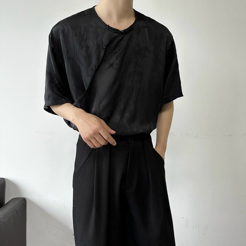 夏季新中式缎面提花盘扣圆领短袖男女衬衣复古风衬衫6817P85,男装衬衫,电商A246
