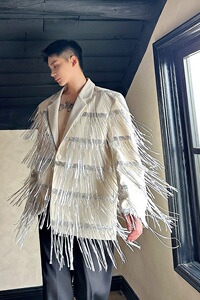 秋冬个性流苏亮片双层网纱设计款翻领休闲西服潮流痞帅6827P185图片
