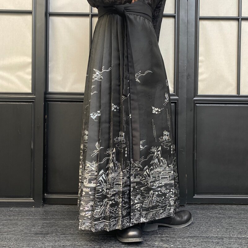 潮流缎面提花中式马面裙复古男女汉服A字百褶长裙2637P115,男装民族服装,电商A246