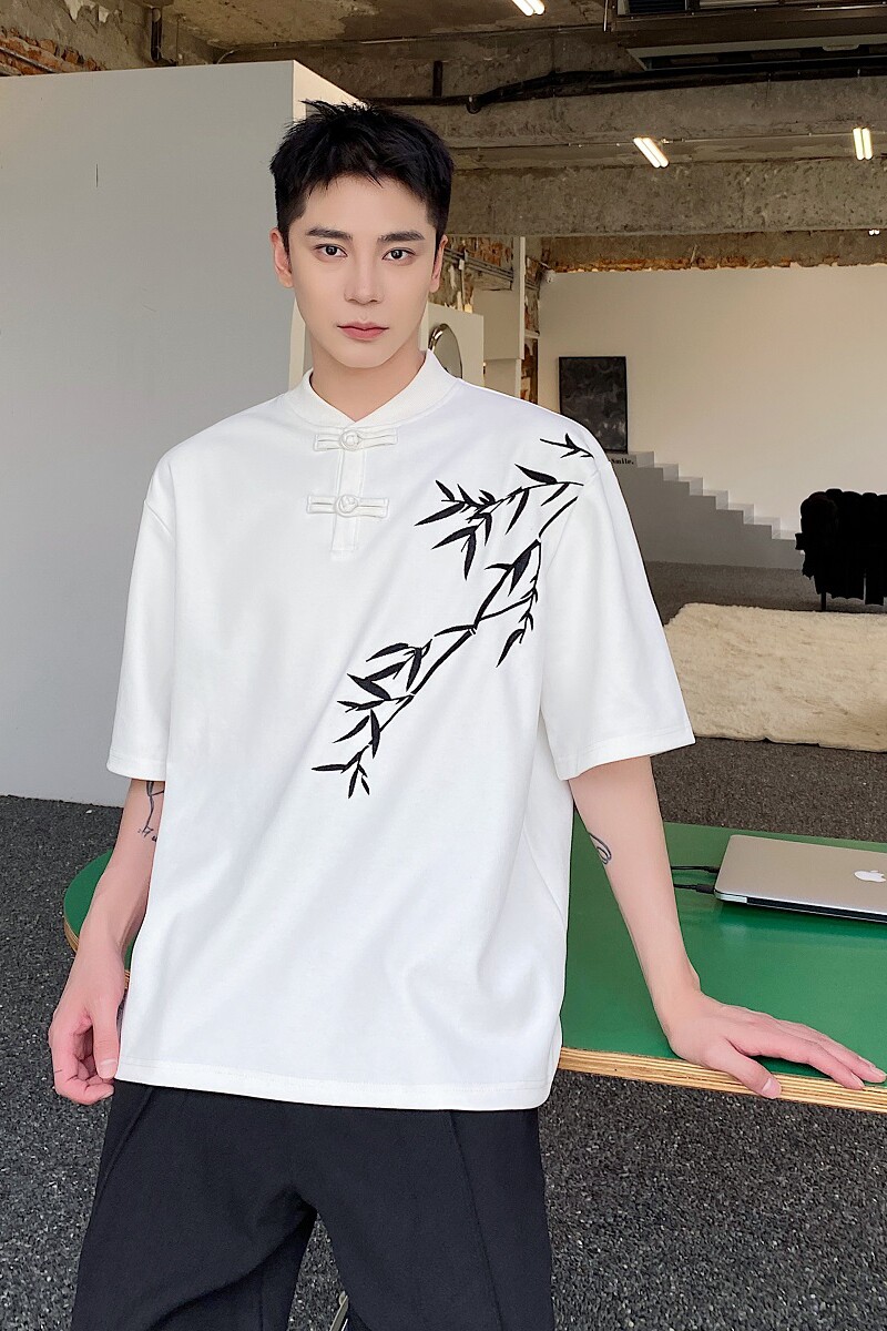 夏季改良中式盘扣绣竹短袖男T恤复古风潮流半袖上衣2573P70,男装T恤,电商A246