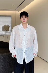 春夏个性压褶花边翻领长袖男女衬衣潮流痞帅薄纱防晒衬衫5235P85图片