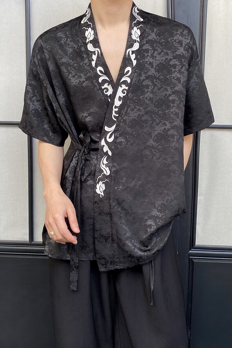 夏季新中式缎面提花刺绣绑带设计短袖男女衬衣风禅意9777P90,男装T恤,电商A246